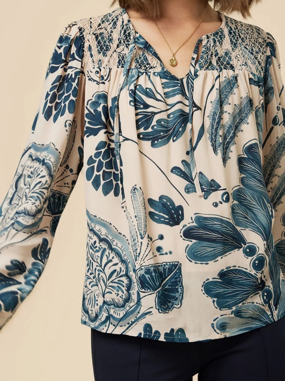 Spartina 449 Beige Blouse with Navy Botanical Print